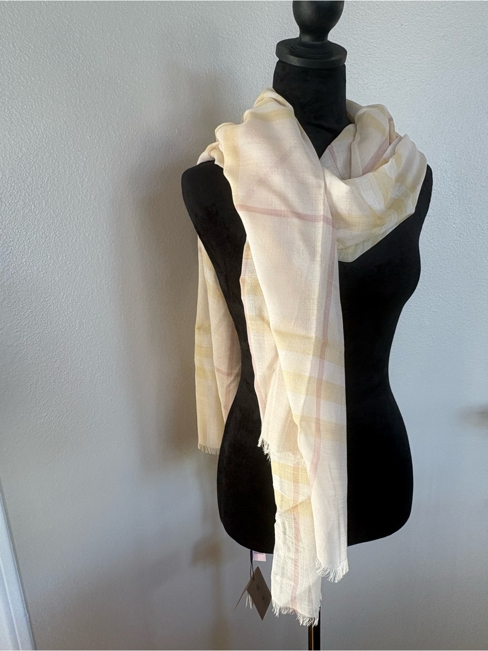 Burberry Cream Plaid Lightweight Wrap Scarf with Pastel Stripes